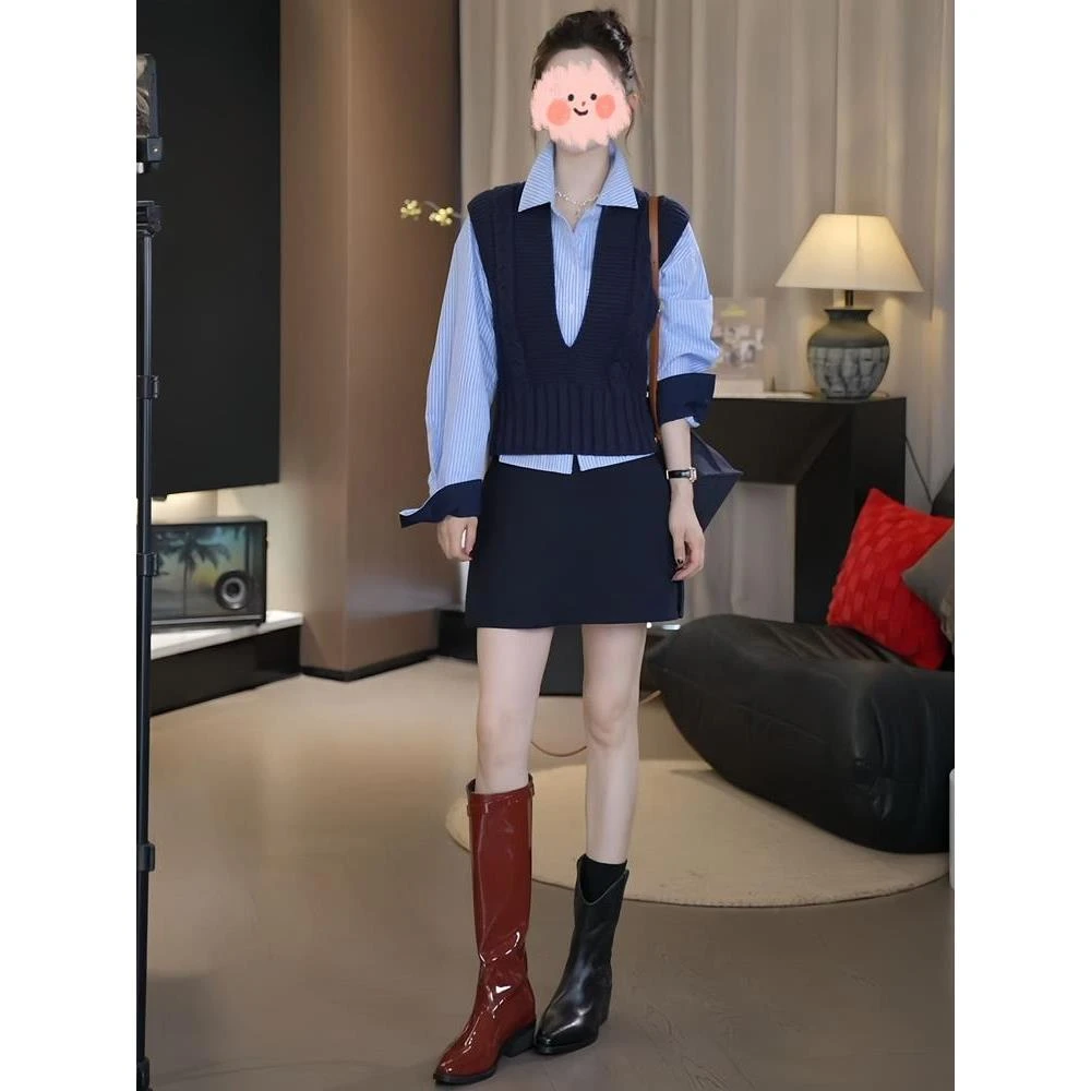 2025春秋季新款女士学院风针织马甲背心休闲条纹衬衫裙裤穿搭套装