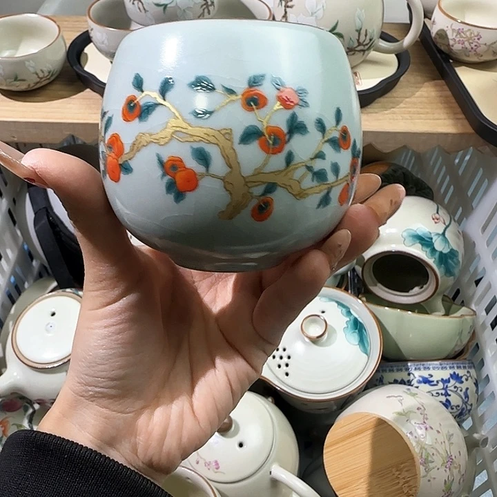 豆青柿柿如意龙蛋杯