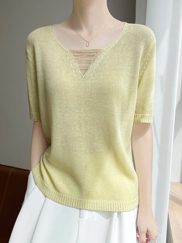 2025夏季新款V领拉丝镂空短袖女薄款冰丝亚麻T恤百搭显示针织上衣
