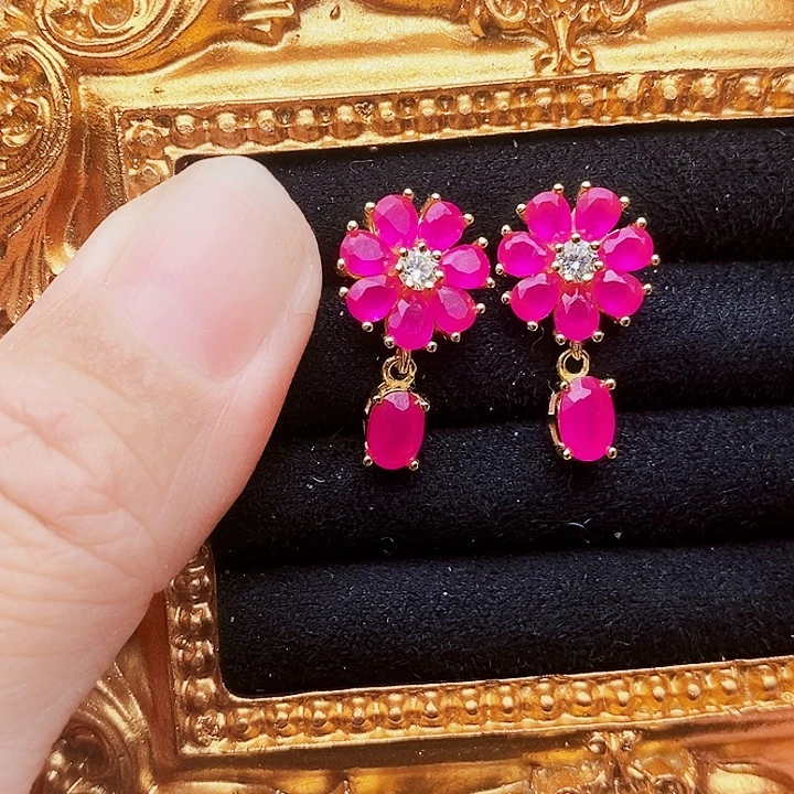 红宝石耳饰银S925镶嵌