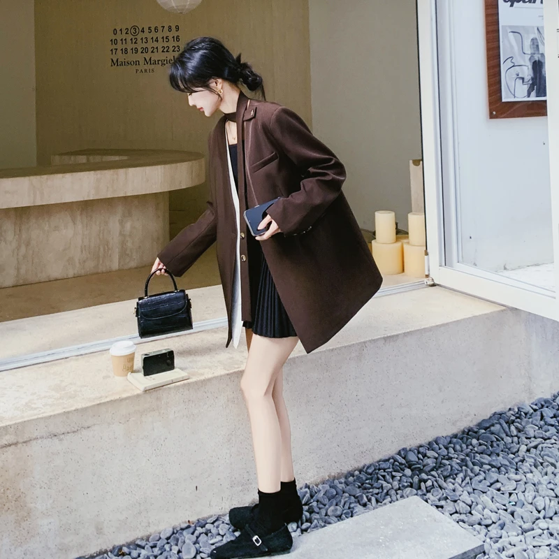 咖色假两件西装外套女2025春季新款女装气质高级感时髦小个子西服