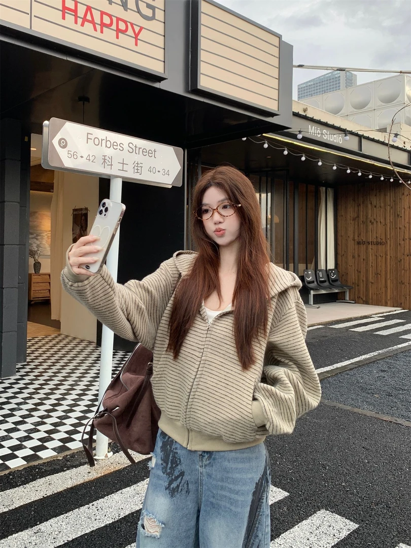 美式复古韩系连帽卫衣外套女秋季慵懒风宽松条纹撞色开衫百搭上衣