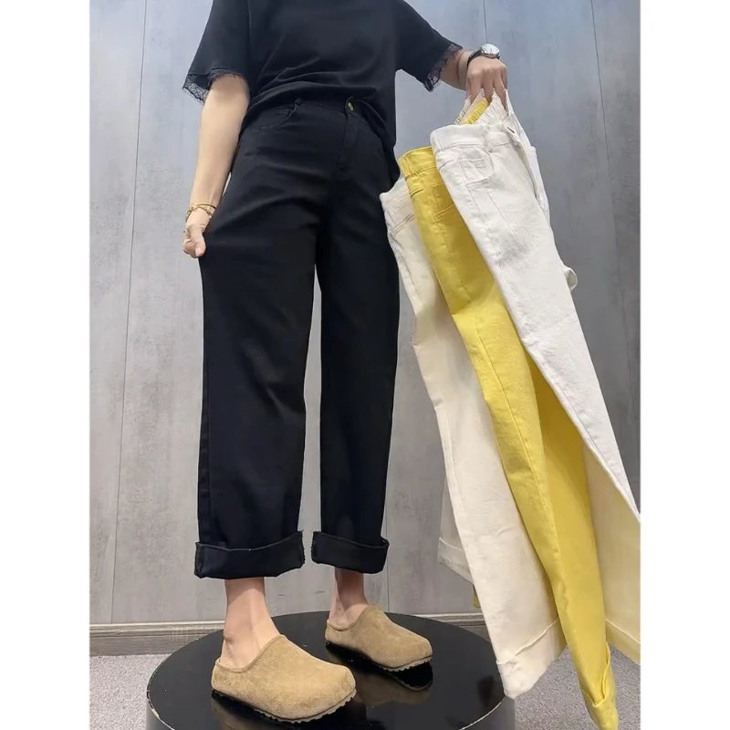 Aimeerosa/艾洛莎大码微胖直筒牛仔裤子女2025夏季遮胯显瘦法棍裤