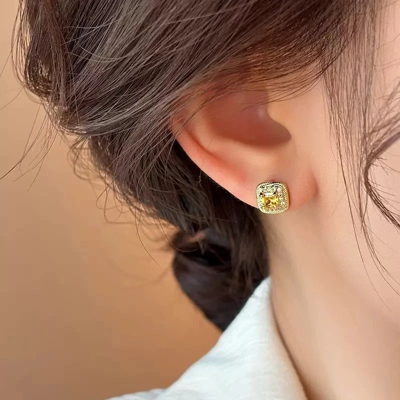 合金耳饰 方糖日韩女欧美风耳钉简约气质法式耳饰彩色黄色6291