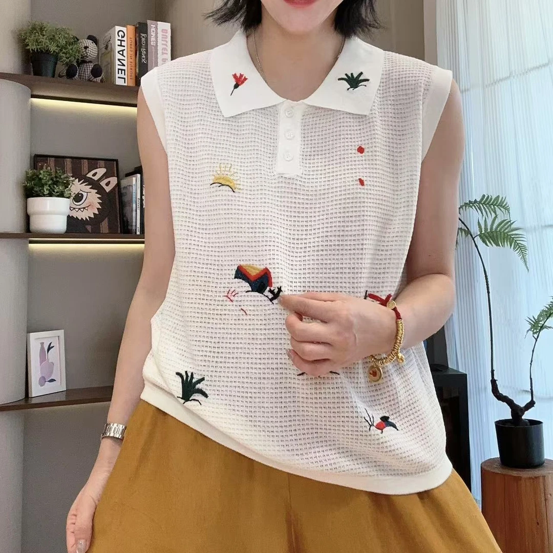 夏季植物刺绣Polo领华夫格无袖针织衫5-7-3