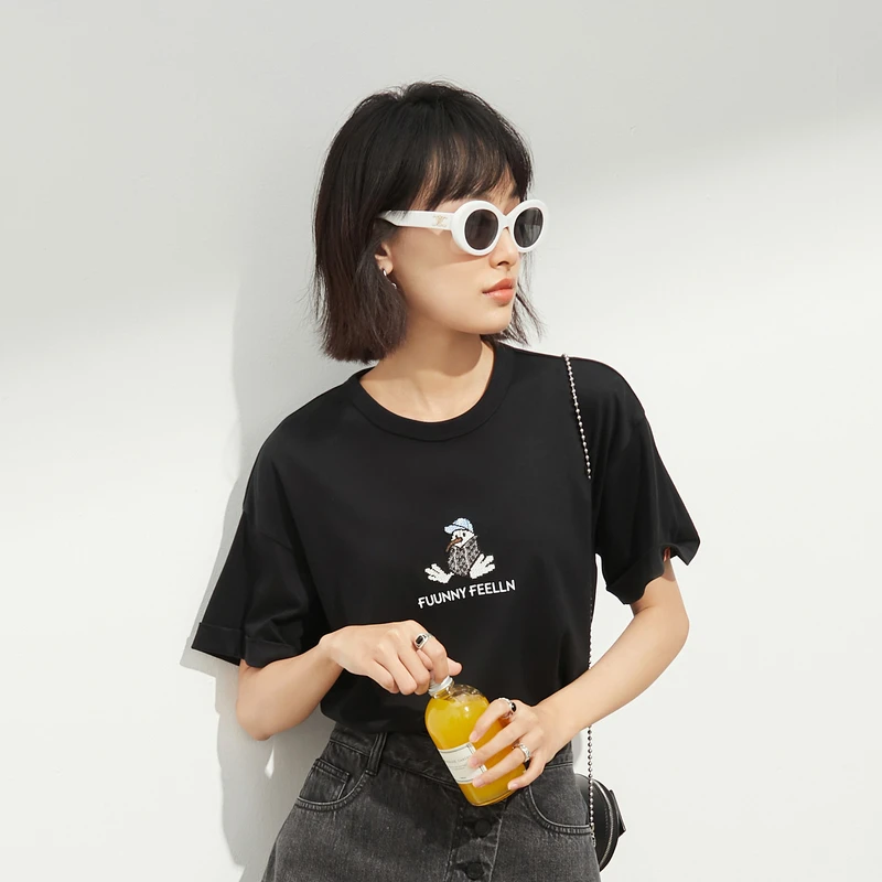 FF||仿佛春夏圆领短袖图案T恤女纯棉气质印花设计感