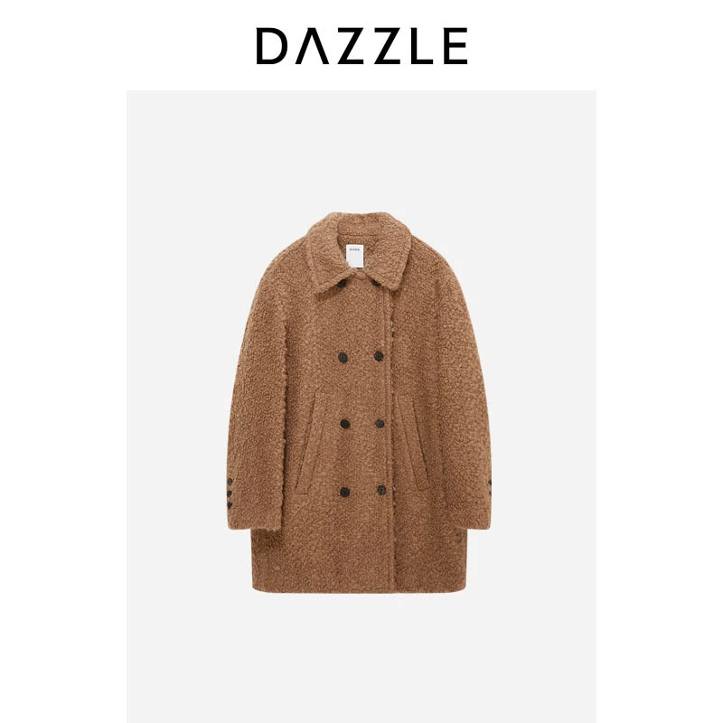 DAZZLE 地素大衣冬季深卡其色毛圈圈中长大衣外套2I4G356