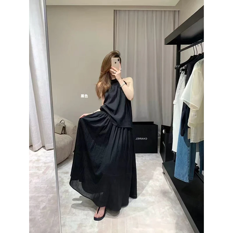 韩系挂脖无袖背心小衫+松紧腰半身裙两件套8866