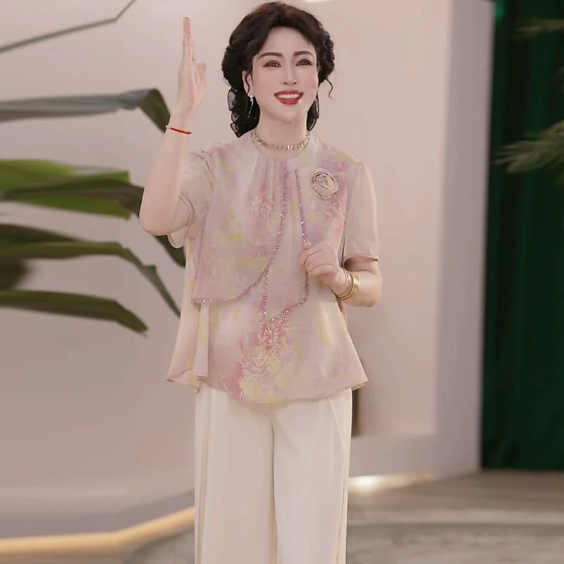 2025新款夏季妈妈装薄款时尚套装气质衬衣女装洋气减龄T恤两件套