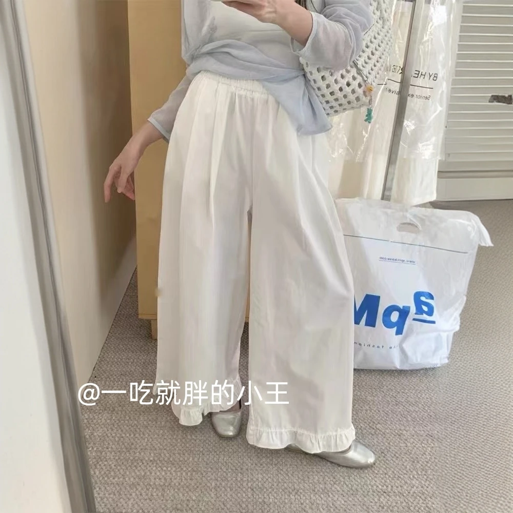 【小王家】韩系纯色木耳花边接接阔腿裤休闲裤夏季韩版宽松直筒裤