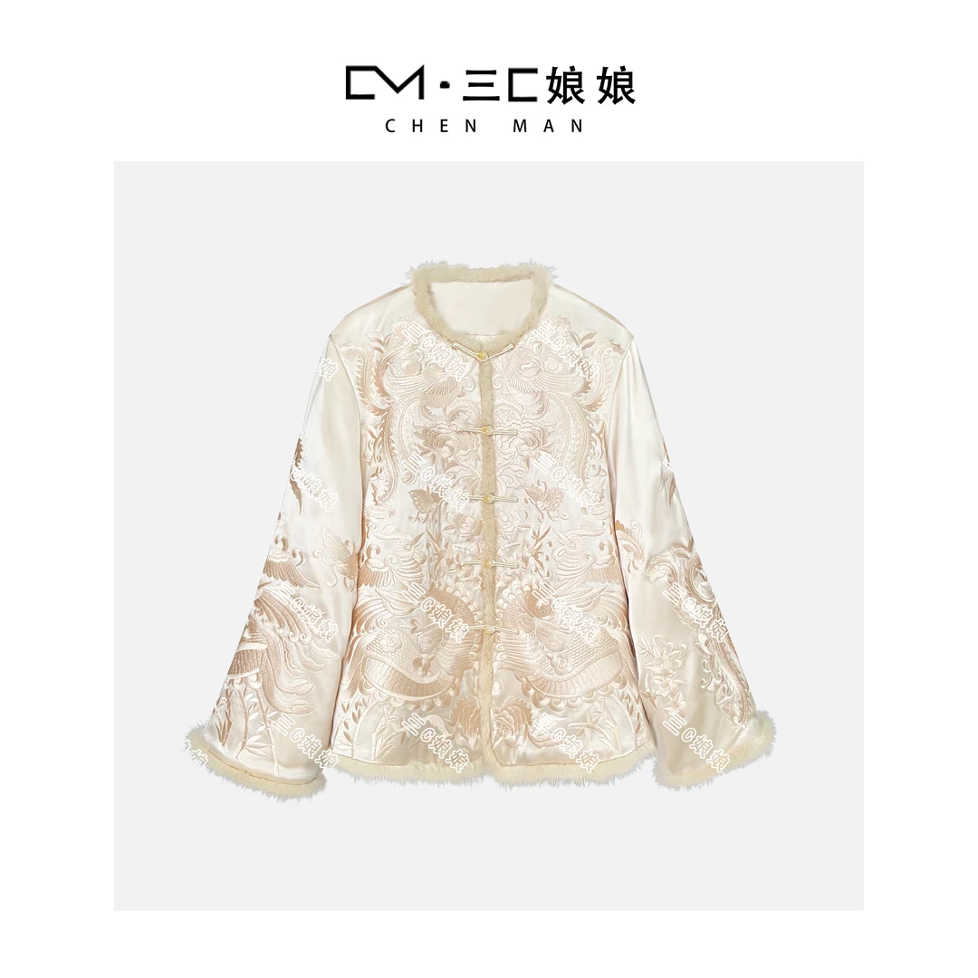 宸嫚三C娘娘【超凡脱俗】61296新中式国风女装刺绣醋酸水貂毛棉外套