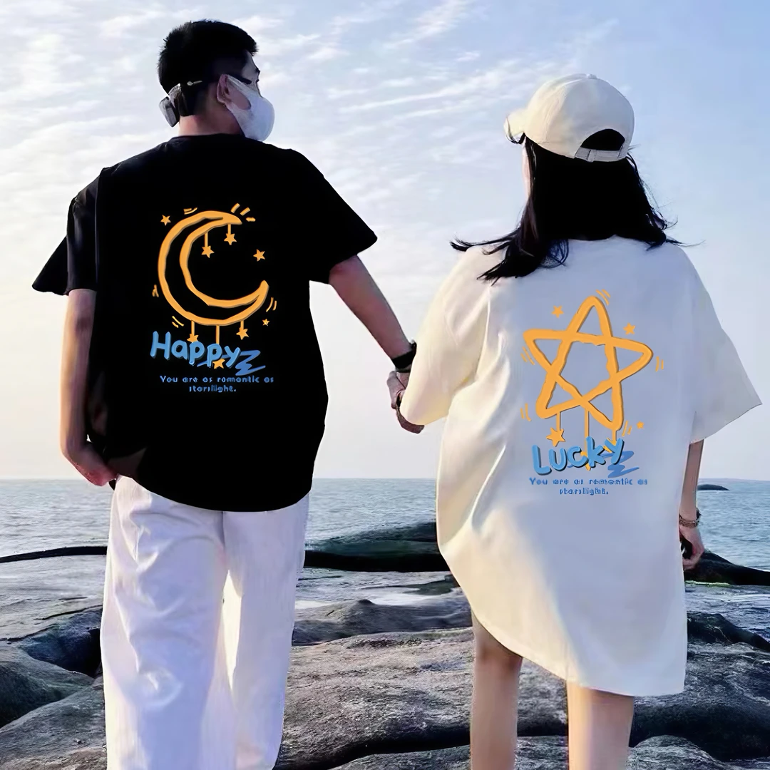 《两件》网红情侣装T恤2025新款潮流半袖夏季纯棉圆领学生宽松情侣T