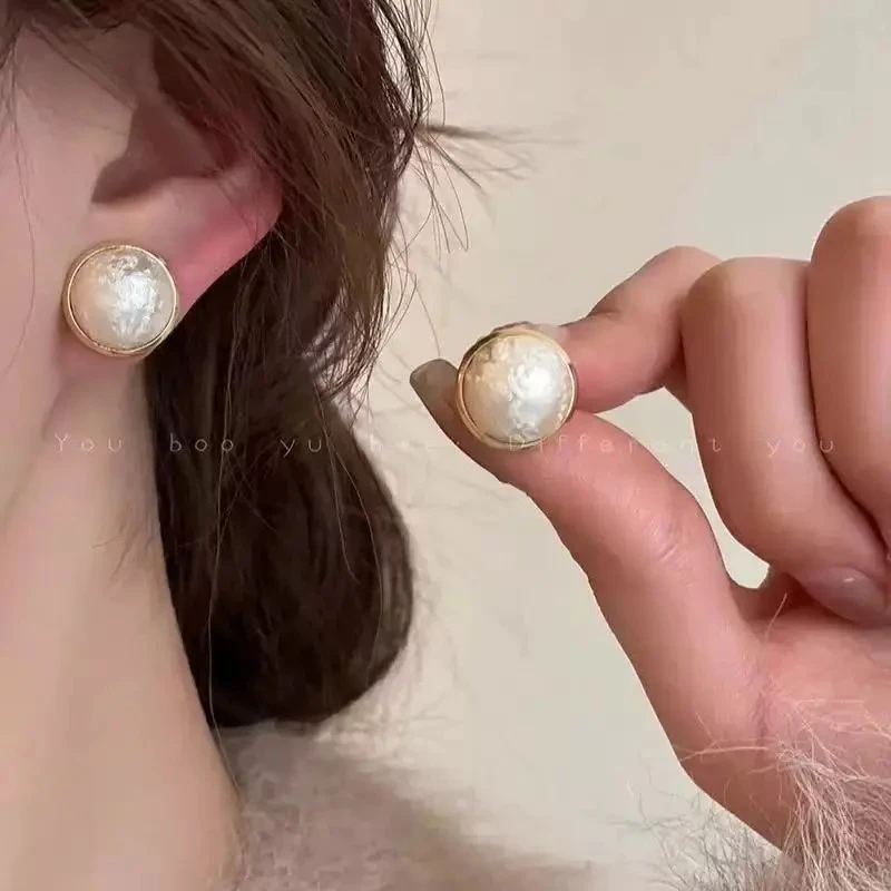 铜合金耳饰 法式金边圆形棉花珠新款潮轻奢优雅时尚气质耳钉耳饰