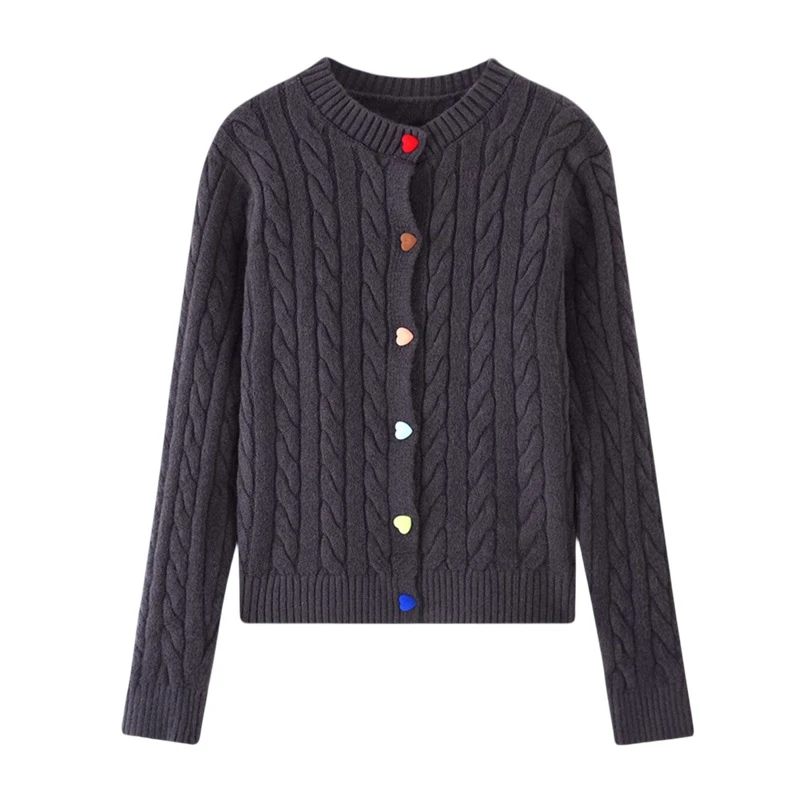 CacheCache圆领麻花针织开衫女秋爱心纽扣打底衫毛衣外套