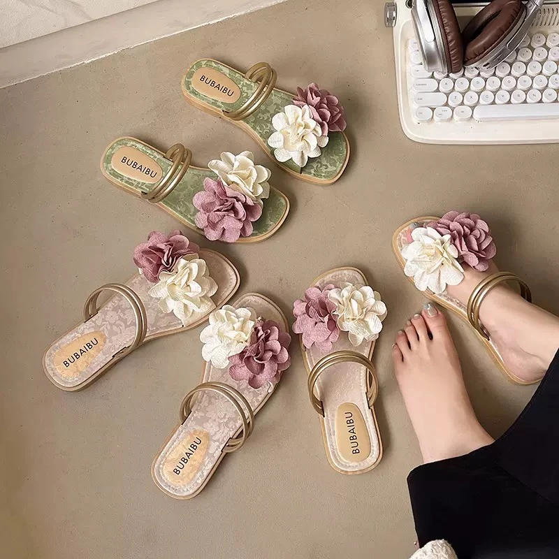 夏季花朵一字拖鞋 新款潮流时尚舒适外穿家居轻便百搭平底拖鞋