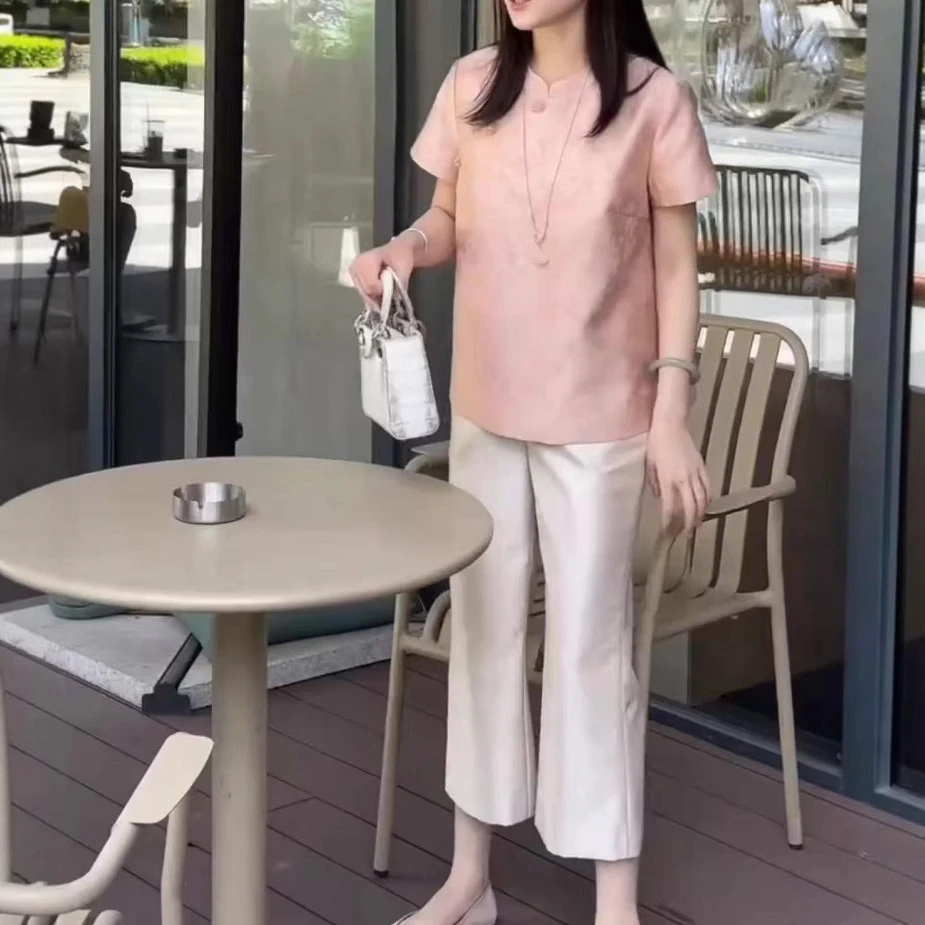 夏季新款粉色中式国风宽松上衣高腰直筒裤女时尚休闲减龄气质