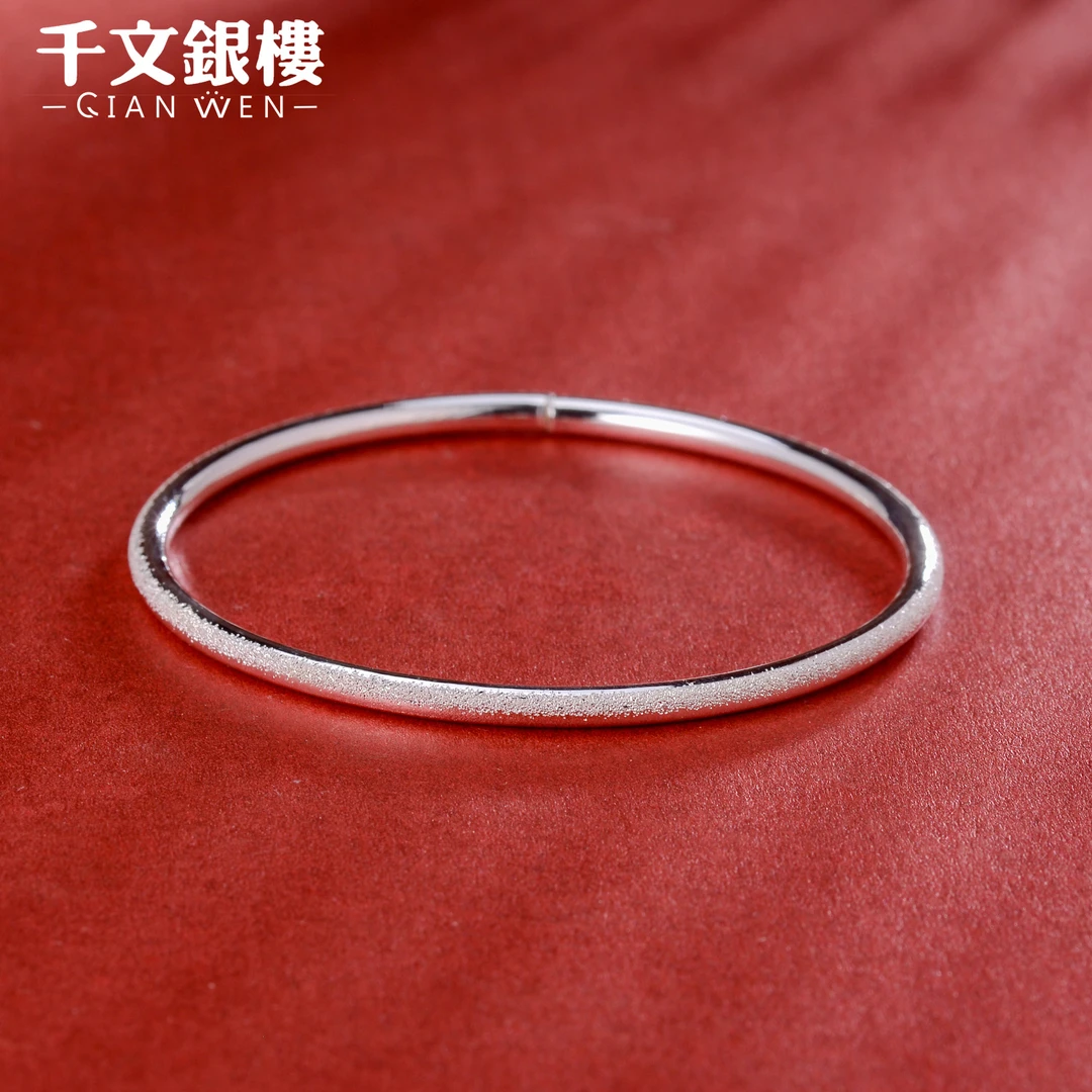足银手镯 圆棍实心开口个性钉砂民族风传承百搭叠戴银手镯