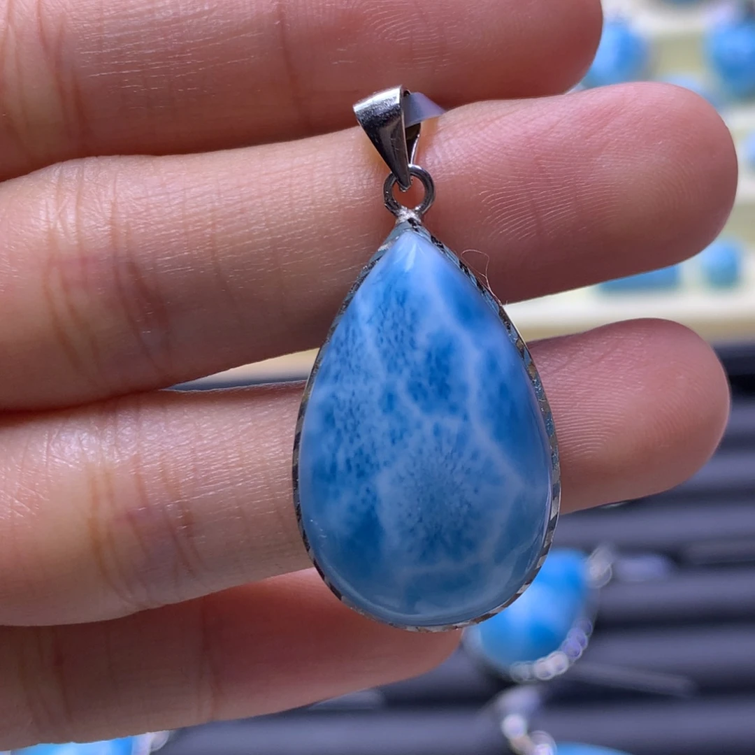 针钠钙石（海纹石）银S925镶嵌吊坠(不含链)水滴吊坠色差略异