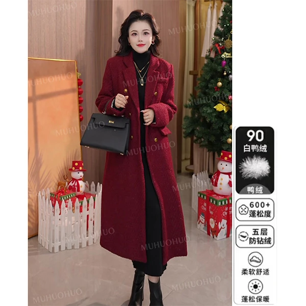 【睦火火】90白鸭绒西装羽绒服加厚亮丝含毛2025新款冬季长外套