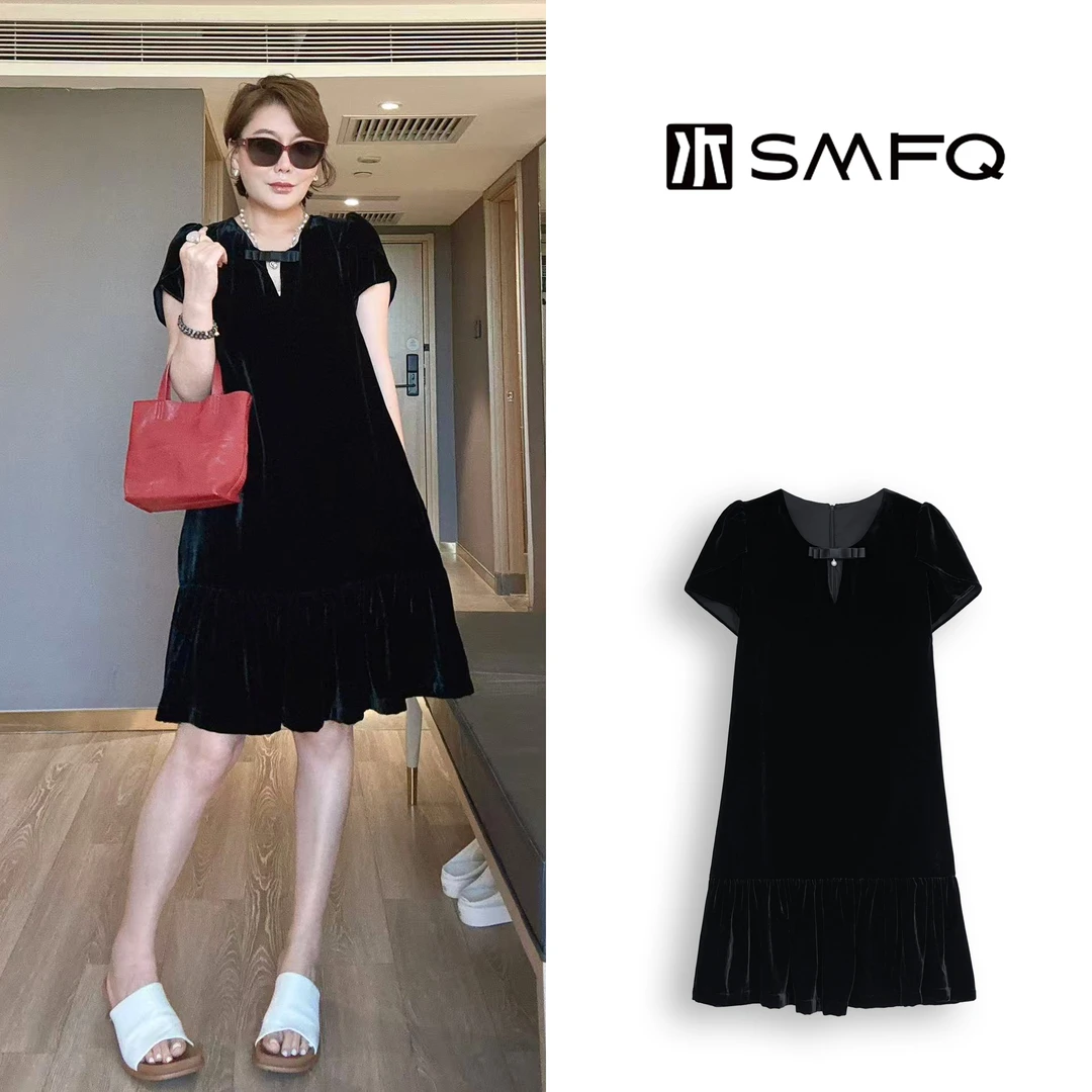 水木夫妻“黑天鹅”100%桑蚕丝 法式蝴蝶结优雅显瘦丝绒连衣裙