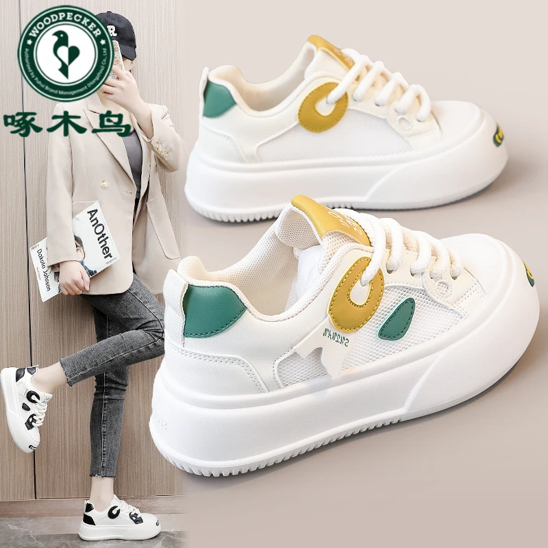 啄木鸟夏季百搭厚底板鞋女休闲运动鞋透气网面拼色韩版学生小白鞋