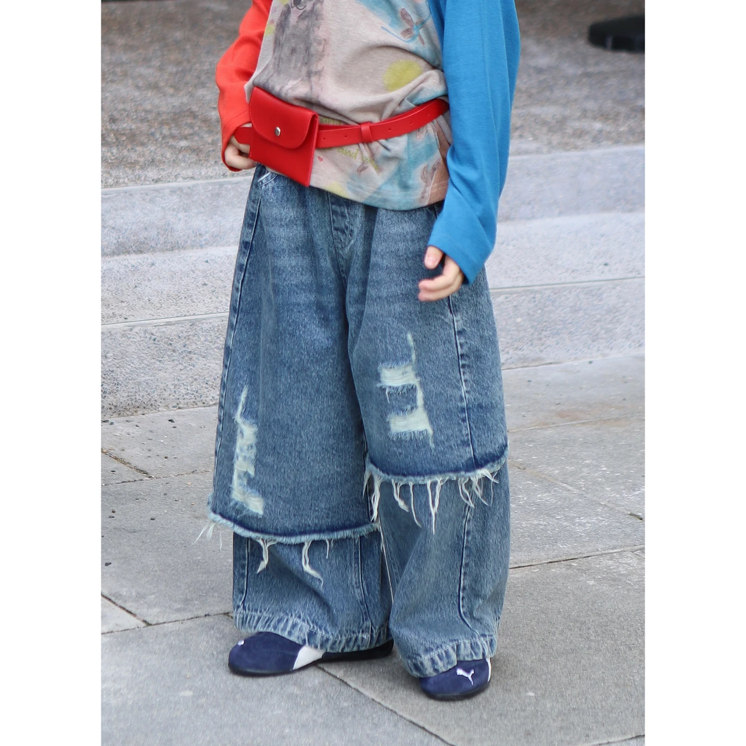 【现货】伟伟同款【翻牌率100%】2025秋季新款高街拼接牛仔裤WW0814