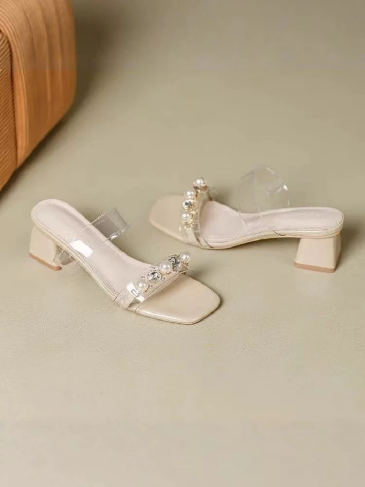 粗跟时尚方头胶粘罗马元素夏季百搭一字带凉鞋尖头仙女风气质外穿