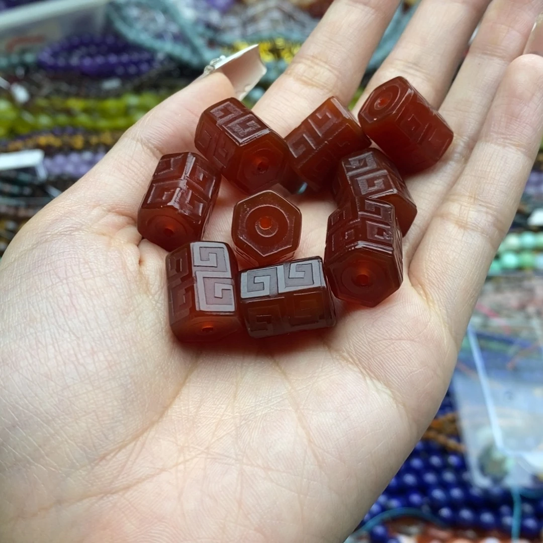 玛瑙/玉髓银S925镀金镶嵌珠宝半成品一个天然红玛瑙六面回纹13X15