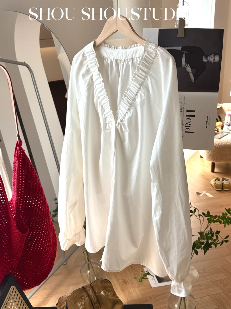 【瘦瘦】大码秋季V领莱赛尔棉掐褶领边花苞袖百搭休闲衬衫S01886