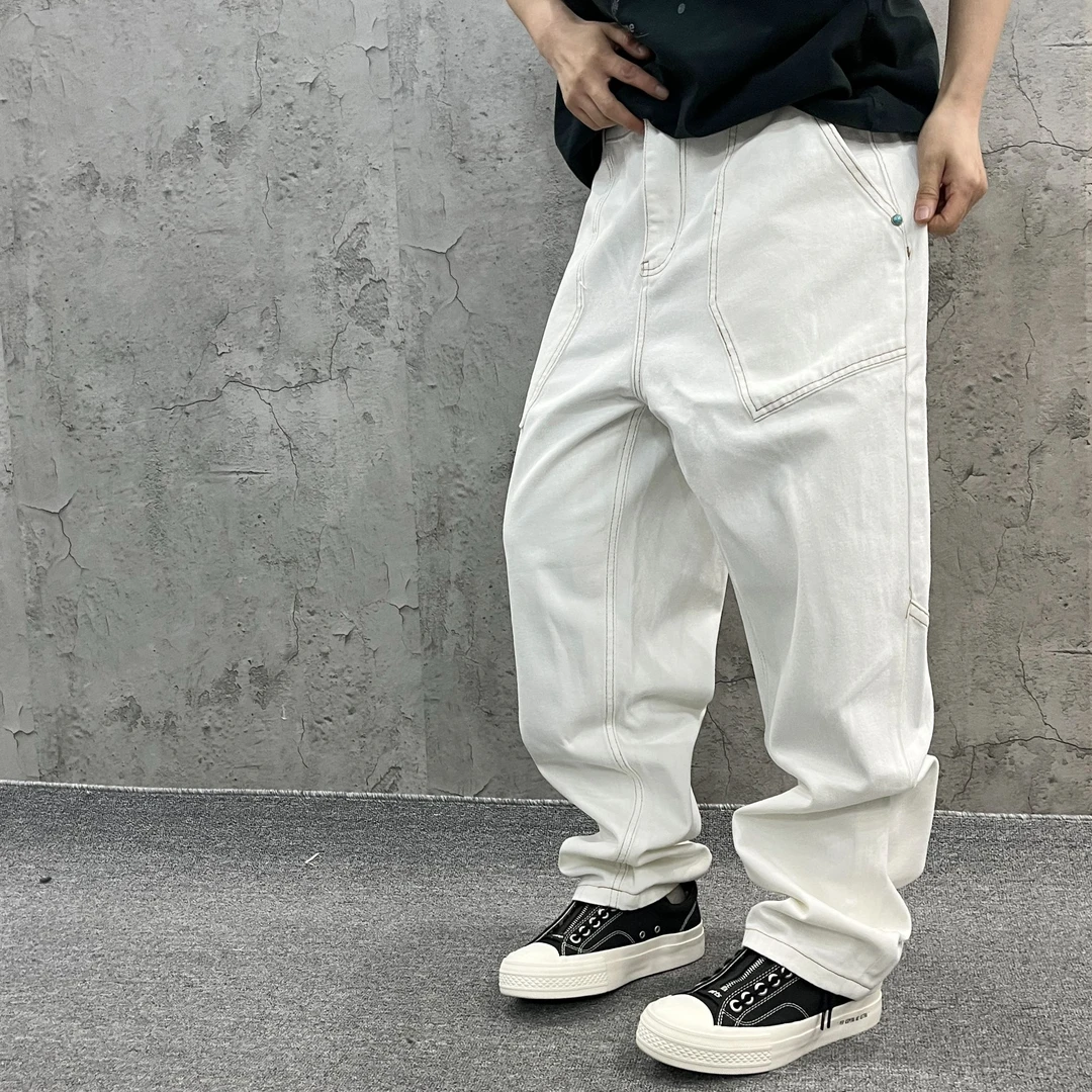 尹小鸡 春夏百搭宽松微锥防水防脏玛瑙扣棉质白色休闲裤男女 9008