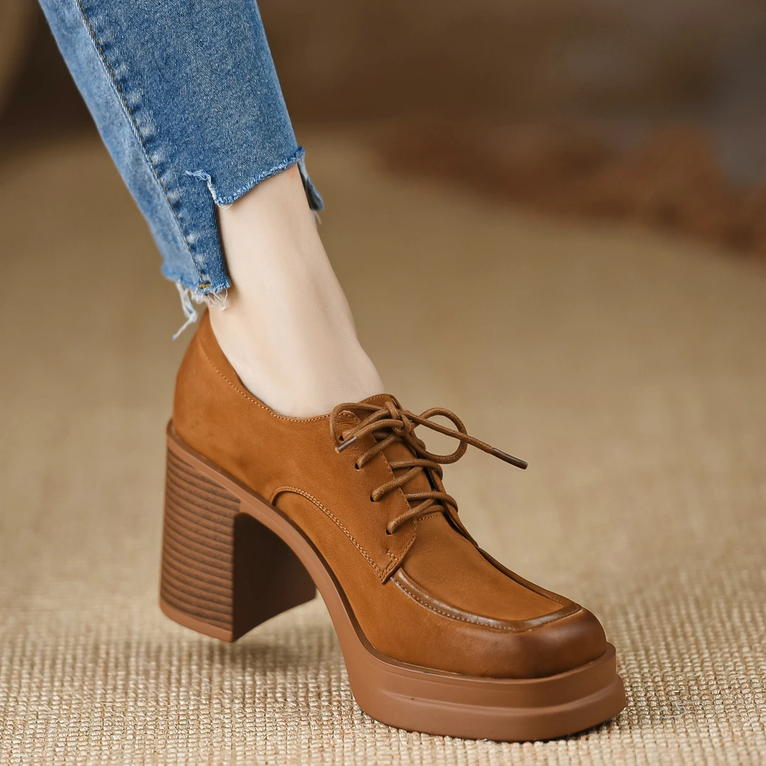 玥小姐增高女鞋8厘米厚底粗跟防水台单鞋英伦风系带真皮高跟鞋子