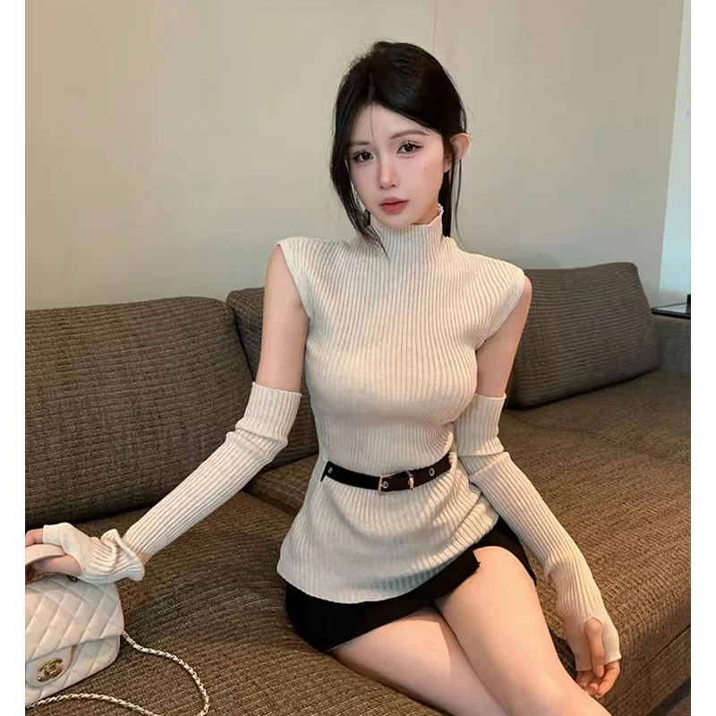 2025秋季新款高领无袖拼接修身毛衣辣妹可脱袖上衣百搭裙裤两件套