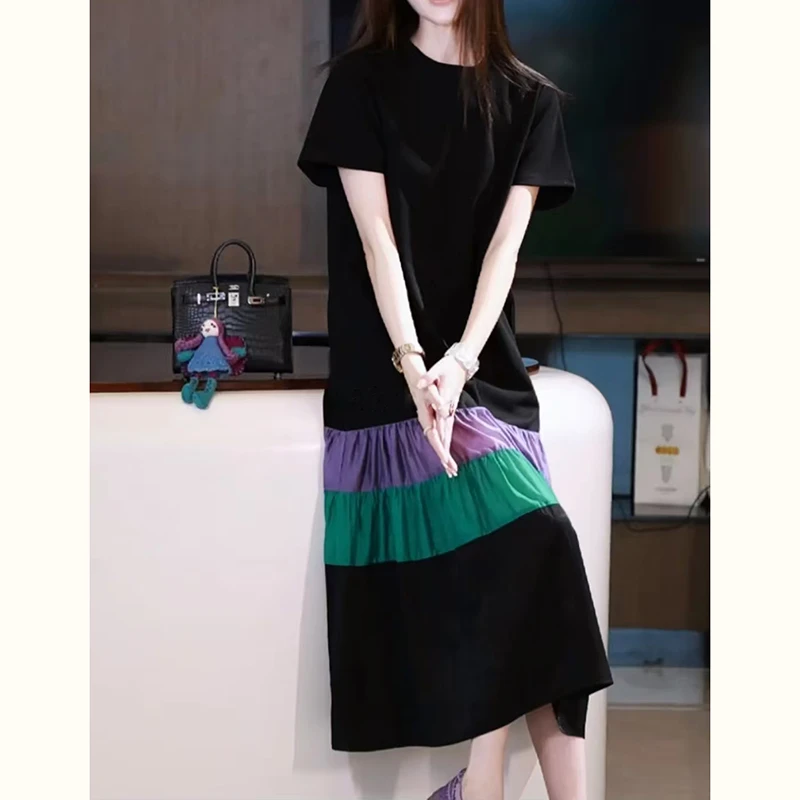 2025夏季新款女装新中式国风撞色裙子洋气衣服宽松显瘦黑色连衣裙