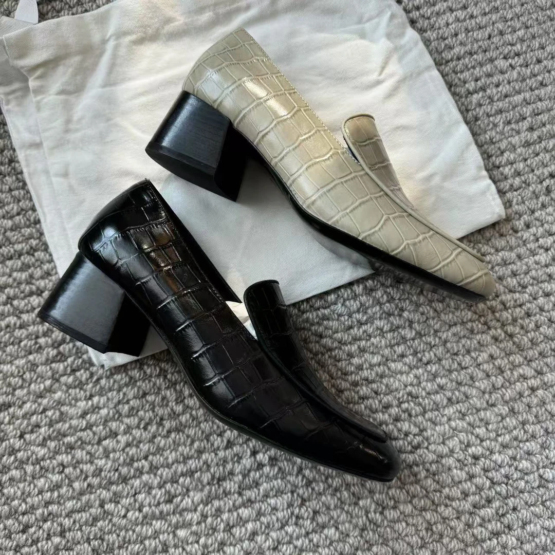 新款早春鳄鱼纹粗跟穆勒高跟鞋