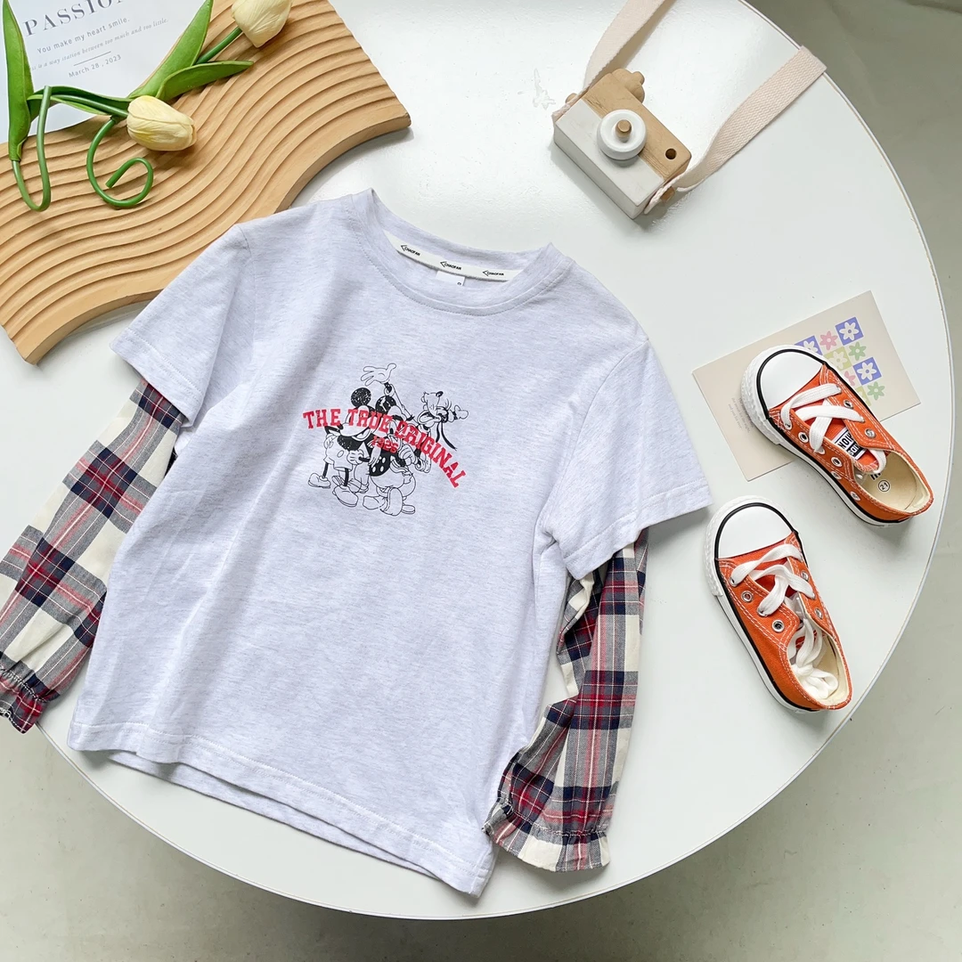 N6291儿童春秋韩版休闲洋气百搭时尚格子袖印花T恤663809