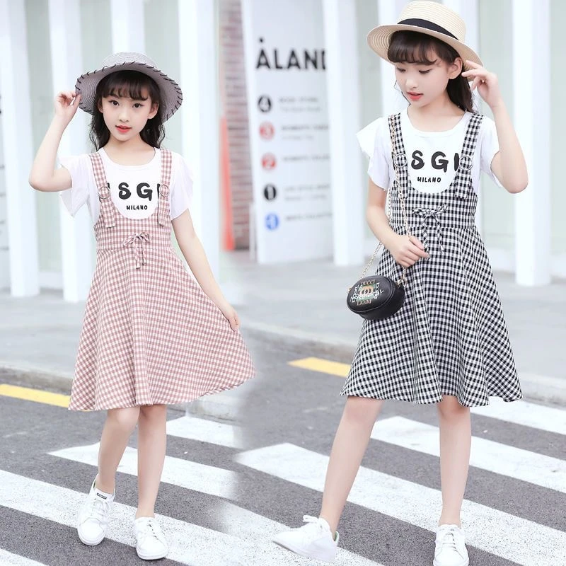 中大童女童连衣裙假两件背带裙儿童时尚短袖格子裙夏装公主裙潮衣
