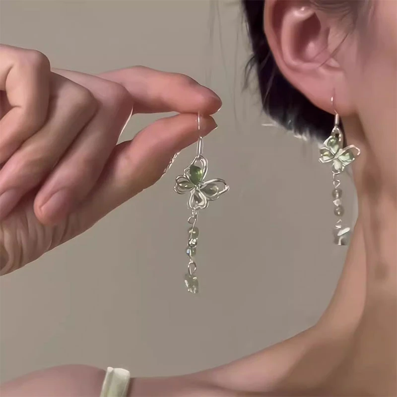 「冰翠四叶蝶」绿色蝴蝶耳环新款爆款高级感小清新流苏耳饰女1529