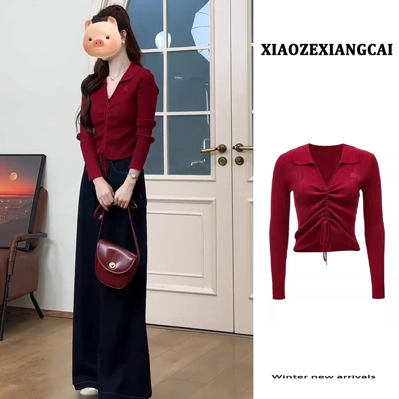 学院风红色长袖polo领针织衫女2025早春新款修身显瘦翻领抽绳上衣