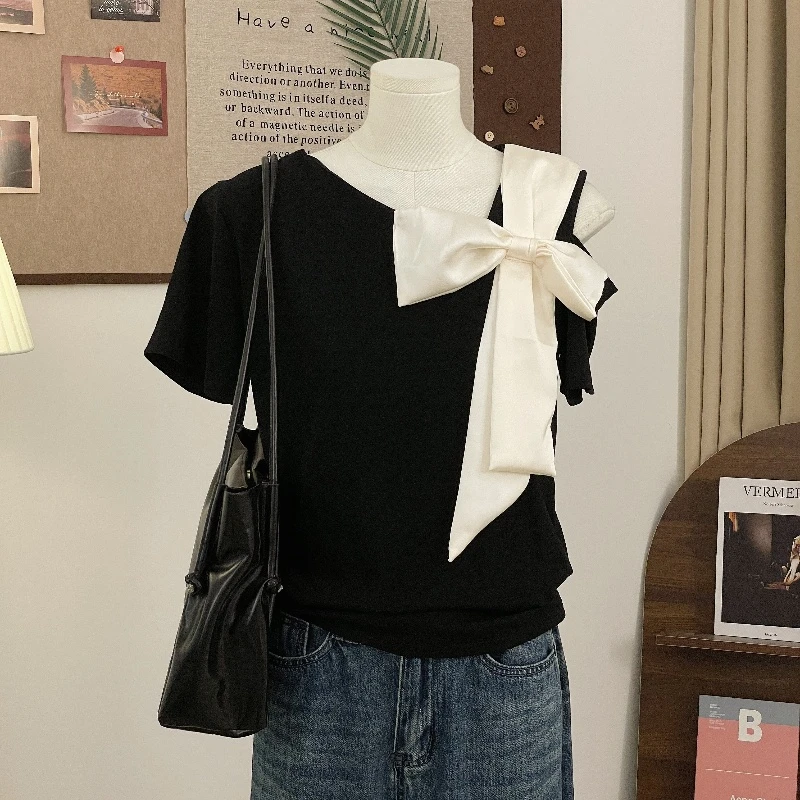 特大码300斤法式蝴蝶结短袖T恤女夏季小众高级感减龄显瘦上衣ins