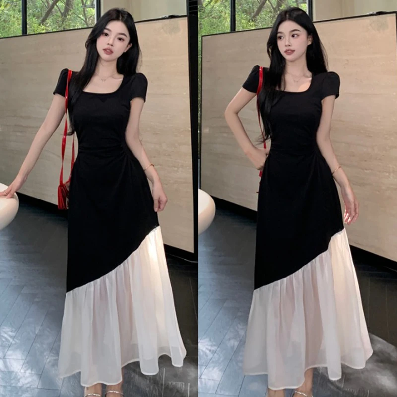 【橙子】短袖连衣裙女夏季收腰拼接长裙微胖MM赫本风撞色裙子1555