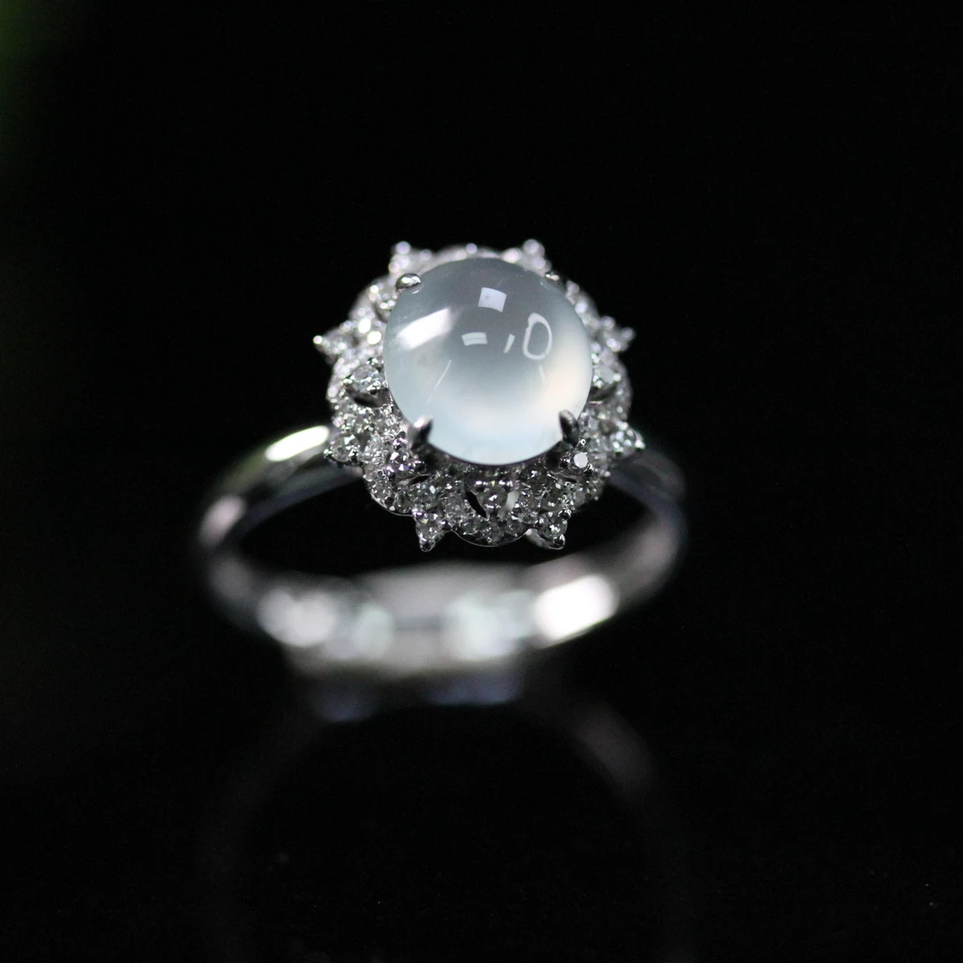 天然缅甸翡翠A货18K白金镶冰润藏福翡翠戒指/1225082/拍卖