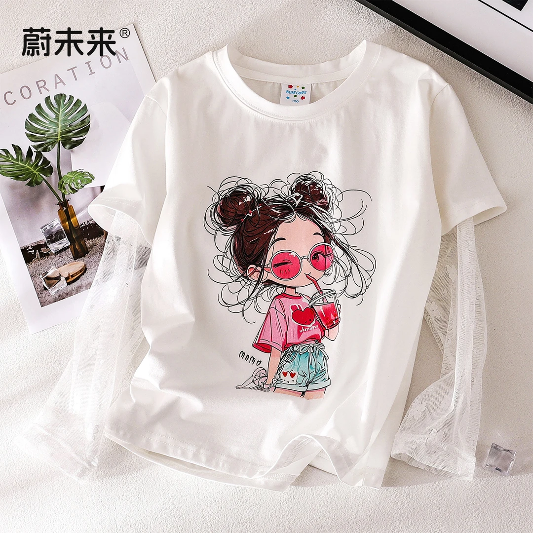 蔚未来女童短袖夏季2025新款儿童纯棉假两件上衣蕾丝长袖防晒T恤