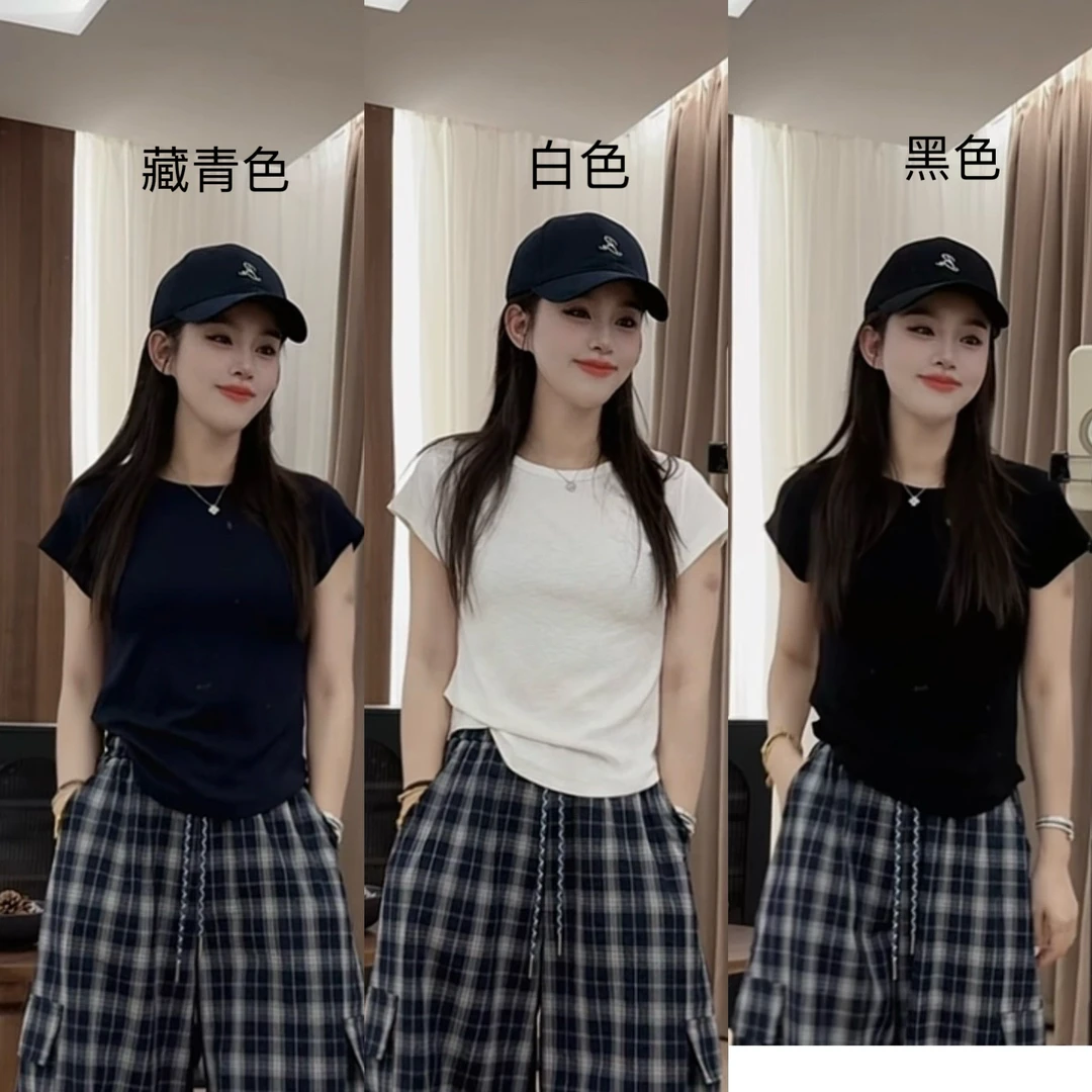 伟丽店4148款【圆领下摆圆弧短袖T】短袖简约纯色通勤短款T恤