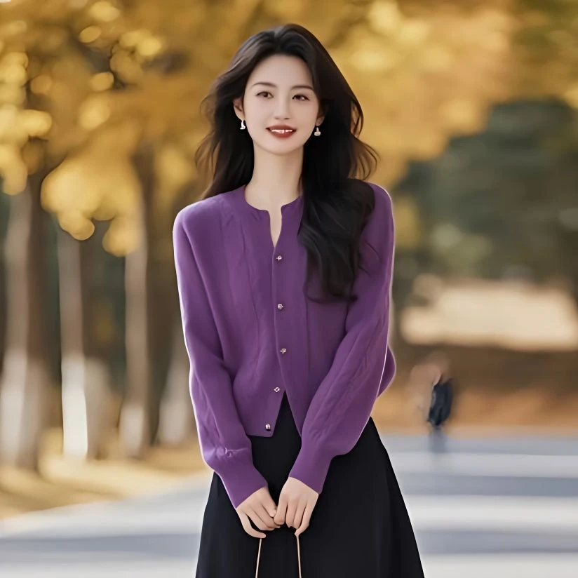 【源头工厂】 小香风圆领纯色针织衫秋冬新款ins风小众通上衣