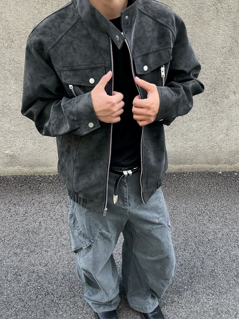 LX-NIVU秋季皮衣男士立领宽松夹克潮流时尚休闲晕染百搭复古帅气