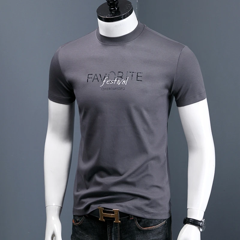 路约威格高圆领t恤男修身丝光棉短袖夏季时尚休闲百搭舒适半袖T恤