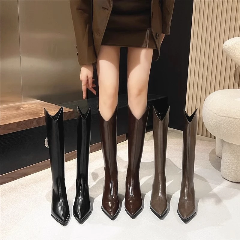 【CK官方正品】CKCK厚底长筒靴女2025新款秋冬季加绒尖头V口粗跟