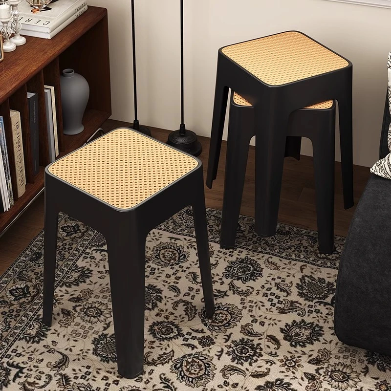 塑料凳子家用加厚可叠放藤编方凳中古高板凳现代简约客厅餐桌椅子