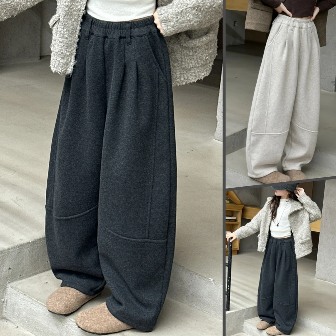 女童裤子秋冬新款韩系加绒弯刀裤加厚卫裤中大童学生阔腿休闲裤潮