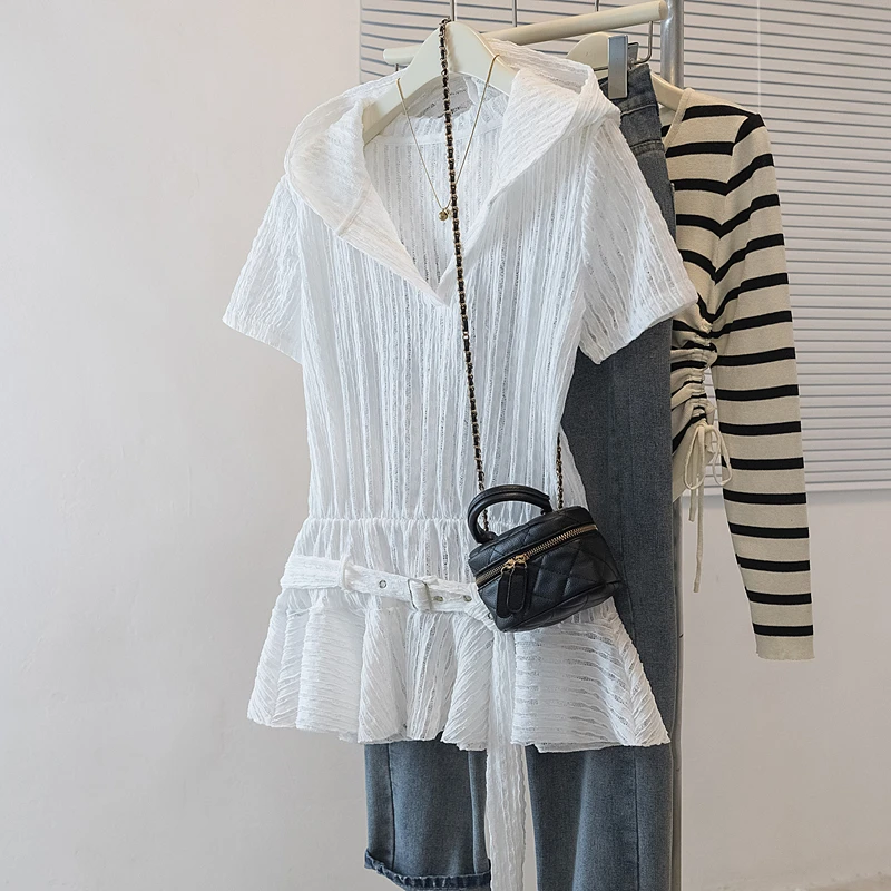 白色蕾丝镂空连帽防晒长袖衬衫女夏季设计感小个子宽松荷叶边上衣